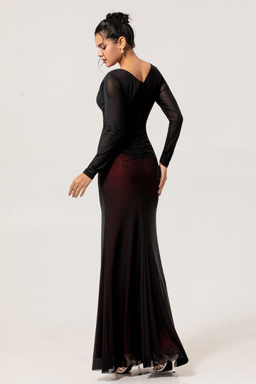 Black Red Mermaid V-Neck Long Sleeves Tulle Long Bridesmaid Dress with Slit